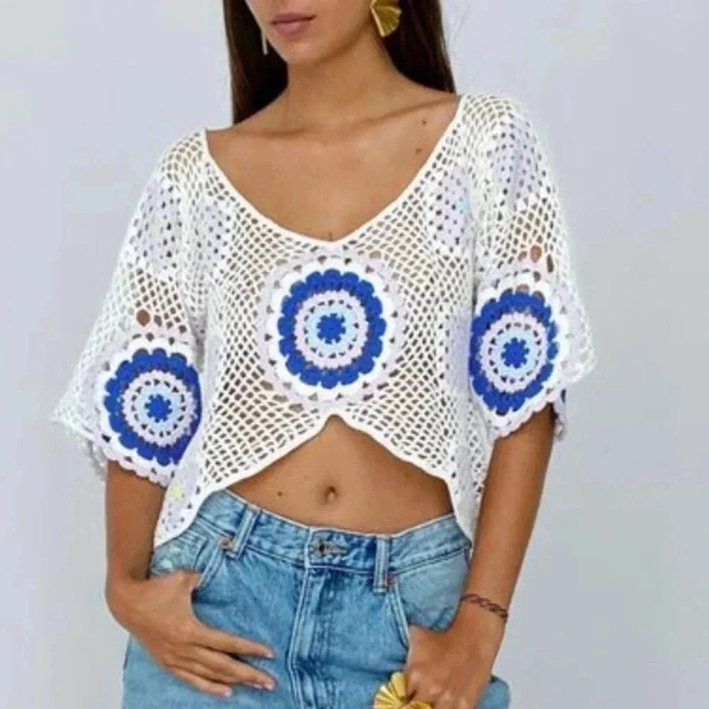 Zara crop top crochet evil eye cover-up wide boat neck swimsuit short sleeve